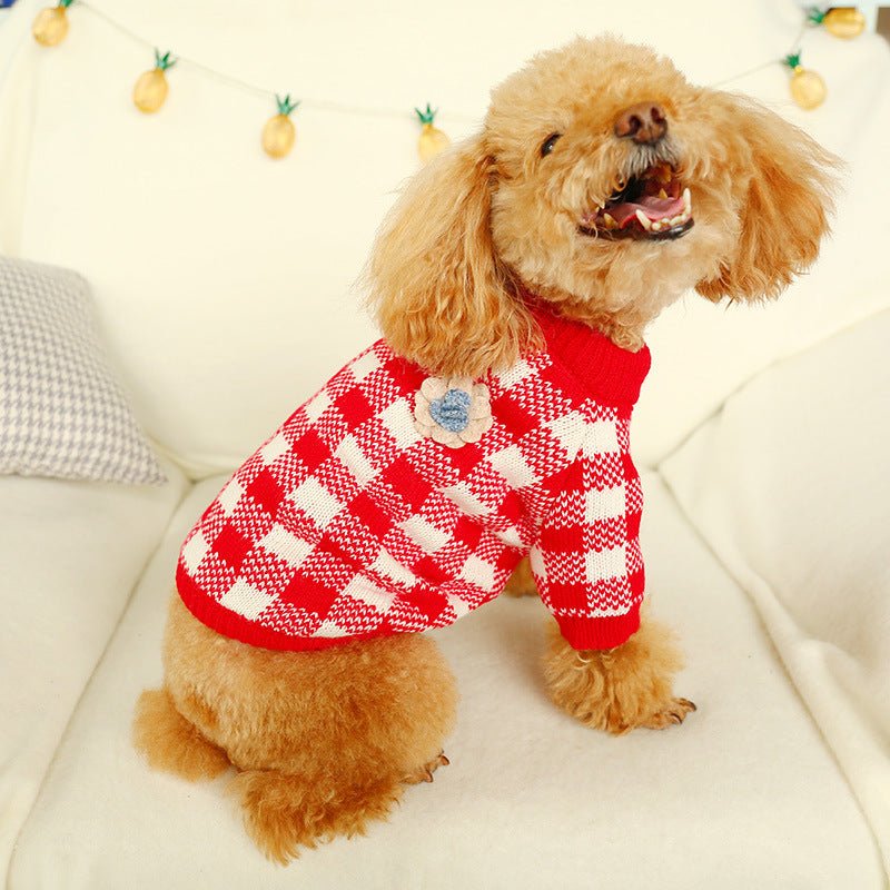 Ready Stock Wholesale & OEM Red Plaid With Flower Pet Sweater - Feisuo Pet