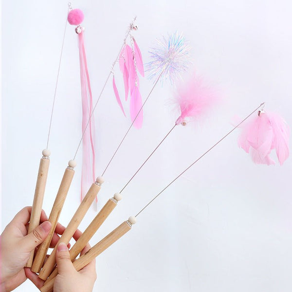 Ready Stock Wholesale Wooden Handle Steel Wire Pom Feather Cat Stick 5pcs Pack | Feisuo Pet